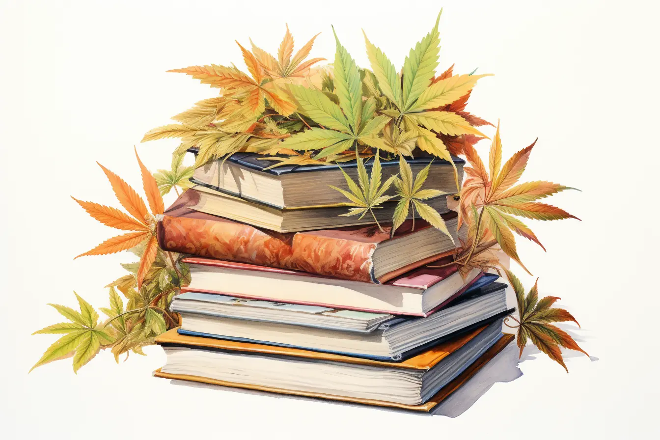 Cannabisblätter, die einen Bücherhaufen umgeben